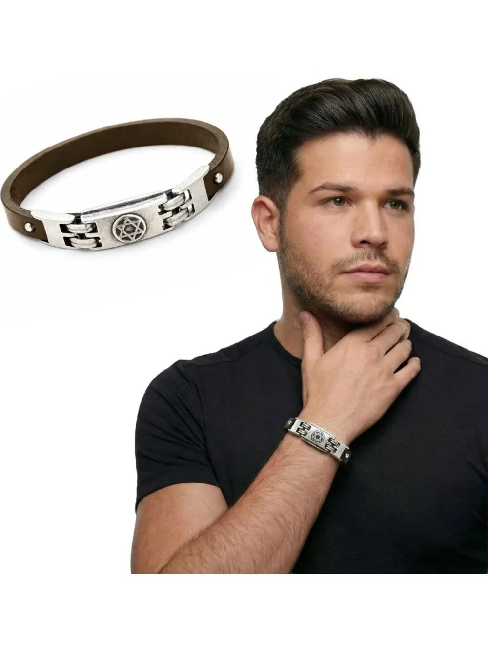 Brown Leather Star of David Bracelet for Men, Adjustable Pewter Charm Gift